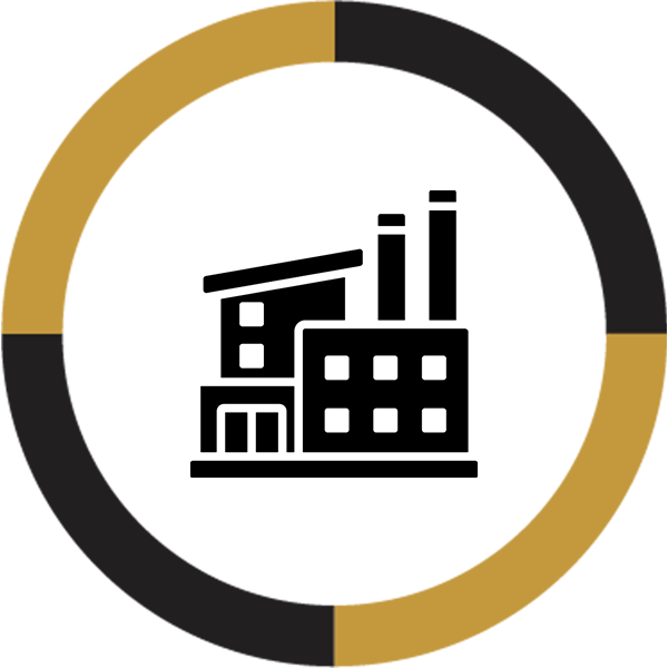 Circular icon with black and gold border featuring a black silhouette of an industrial site with machinery or construction equipment.