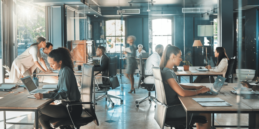 Open-plan modern office space with employees working on laptops and collaborating at shared desks.