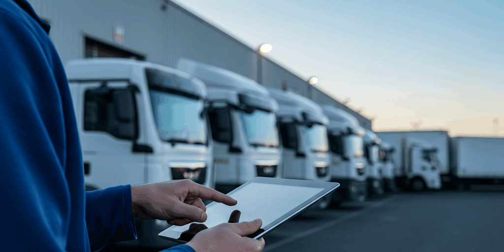 Person using a tablet while standing in front of a row of parked lorries.